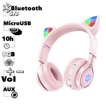 Bluetooth гарнитура HOCO W39 Cat Ear Kids BT5.3, AUX/MicroUSB, накладная, LED, "ушки" (розовый)